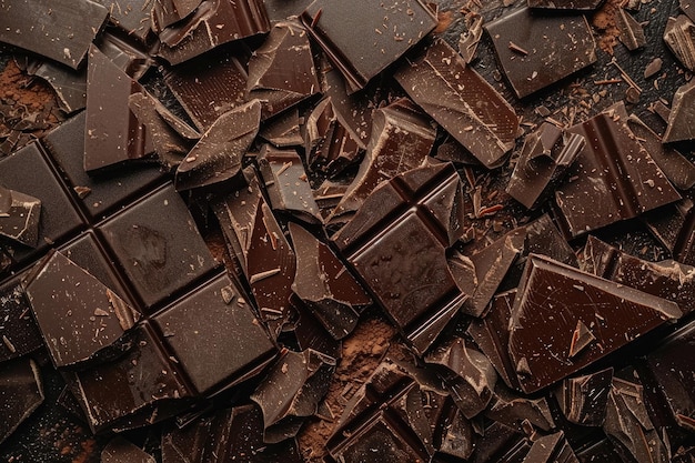 Dark Chocolate Bar Sweet Food Photo Concept with Cocoa Chunks on Background