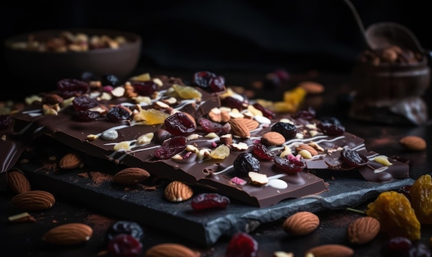 A dark chocolate bar with dried fruit on a dark background