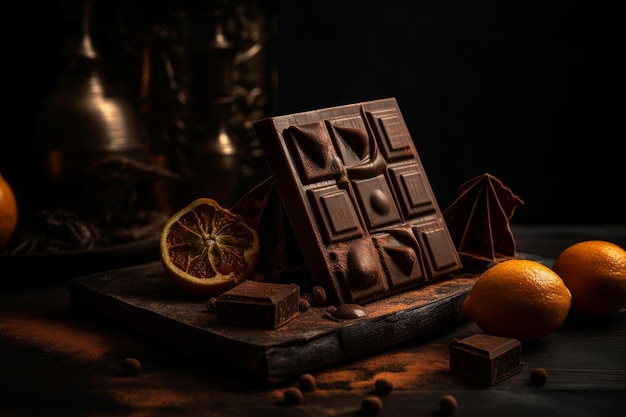 A dark chocolate bar with a lemon on the side