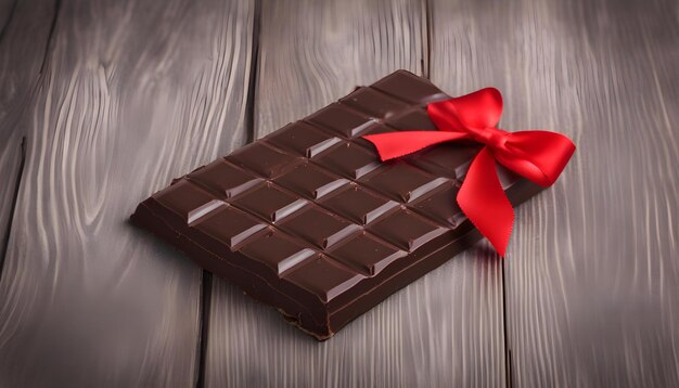 Dark chocolate bar with red bow on grey wooden background