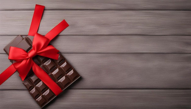 Dark chocolate bar with red bow on grey wooden background