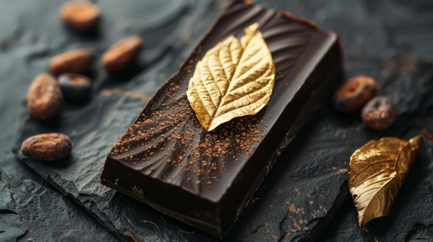 A dark chocolate bar with a single gold leaf elegance