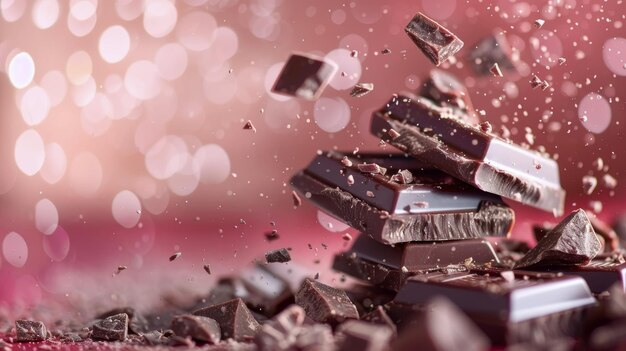 Photo dark chocolate bars floating above a bed of cocoa nibs in soft light