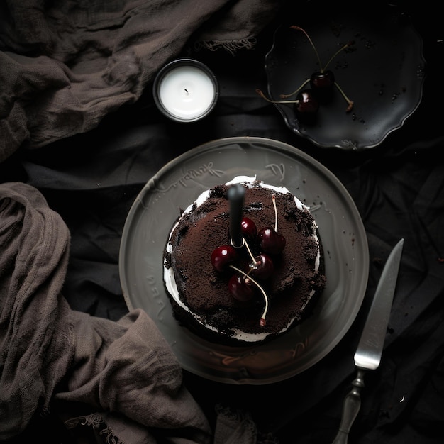 Photo a dark chocolate cake with cherries on top a candle and a knife on a dark tablecloth