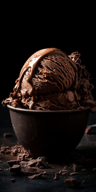 A dark chocolate ice cream with chocolate sauce and caramel sauce