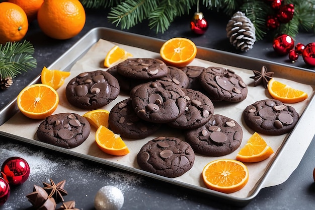 Dark chocolate and orange cookies on a baking tray beside Christmas decorations