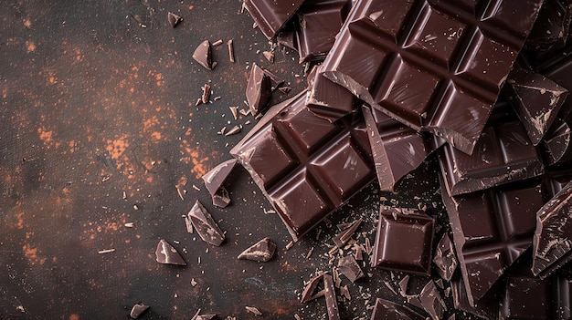 Dark Chocolate Pieces Scattered on Rustic Background