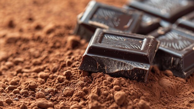 Dark Chocolate Squares Resting on Cocoa Powder