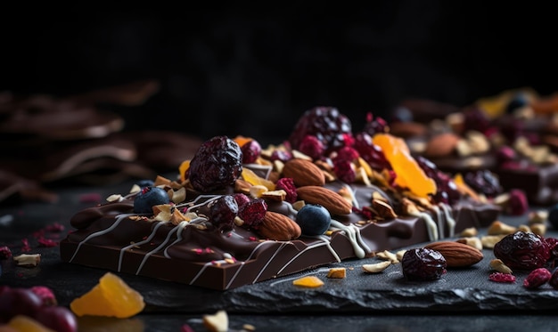 A dark chocolate truffle with dried fruit on top