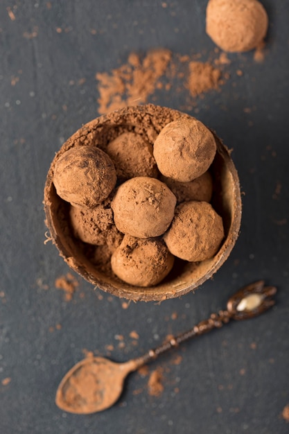 Dark chocolate truffles with cocoa powder