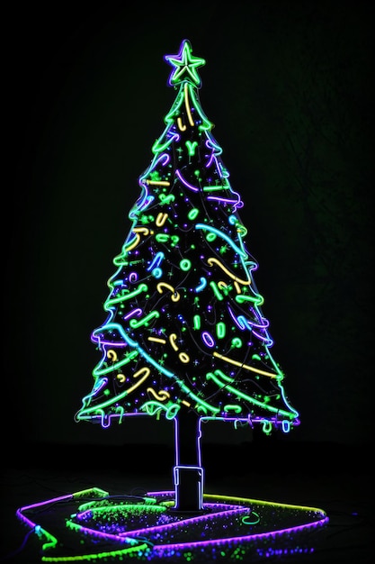 Dark christmas tree illuminated with neon lights on dark background wallpaper christmas banner