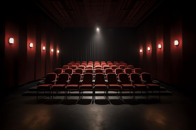 A dark cinema with red chairs and a light shining on the wall.