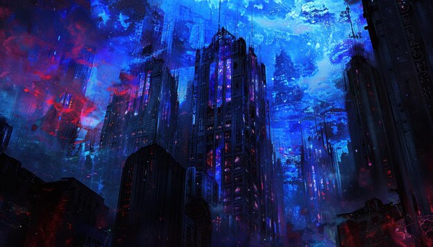 Photo dark city skyline illuminated by vibrant blue hues at night with abstract cloud formations