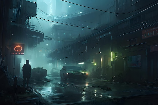 A dark city street with a car in the foreground and a man standing on the street.