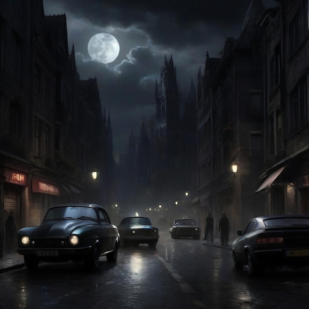 dark city street with cars and buildings at night with a cloudy sky best book cover design