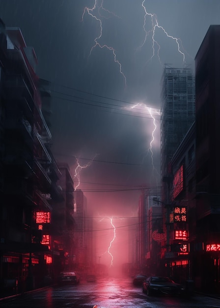 A dark city street with a red light and a lightning bolt in the sky