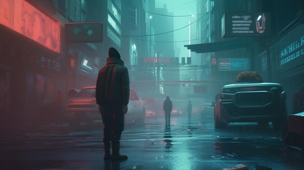 A dark city street with a sign that says'cyberpunk'on it