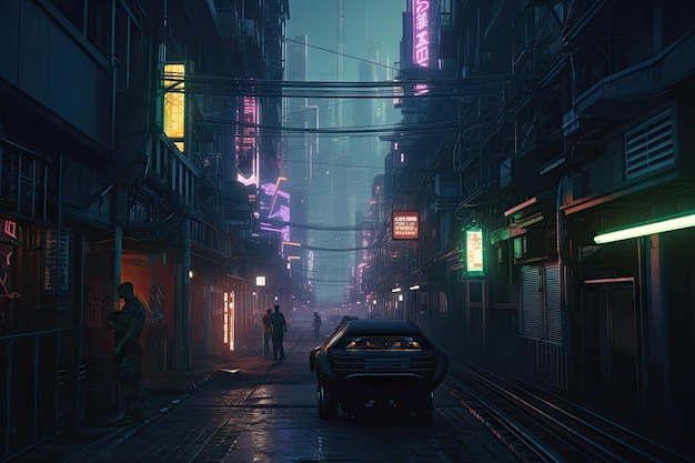 A dark city with a car in the foreground and a neon sign that says'cyberpunk '