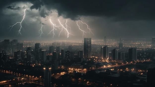 A dark city with a lightning strike in the sky