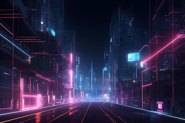 A dark city with neon lights and a cityscape.