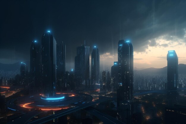 A dark cityscape with a blue light that says'cyberpunk'on it