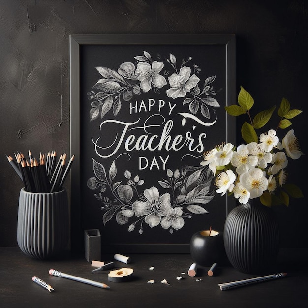 Photo a dark classroom setting with chalkboard saying happy teachers day