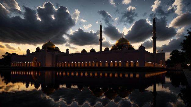 A dark and cloudy night with a mosque in the foreground.