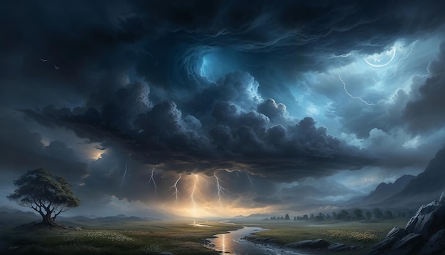 Dark Cloudy and Rainy Weather with Lightning in Fantasy Style