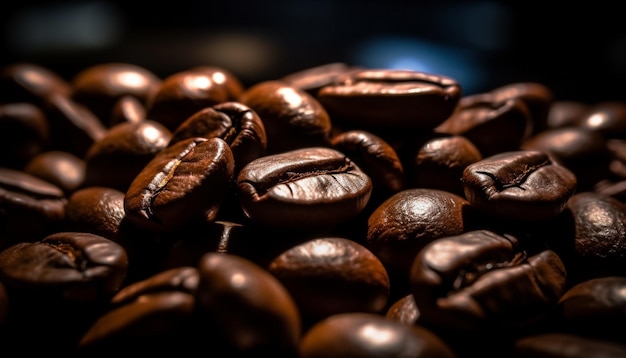 Dark coffee bean heap fresh aroma selective focus on foreground generated by AI