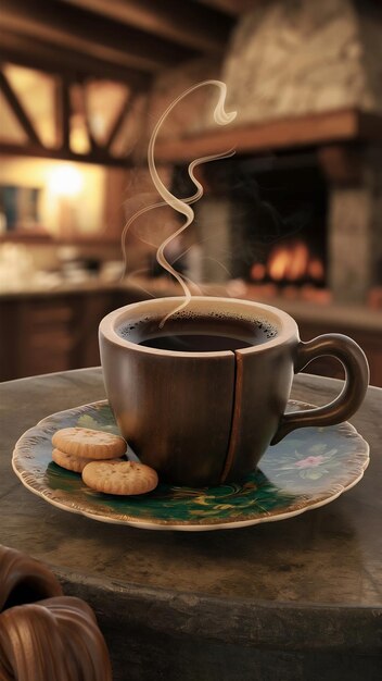 Dark coffee in rustic wood cup saucer generated by