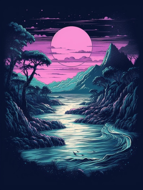 a dark and colorful illustration of a river with mountains in the background generative ai