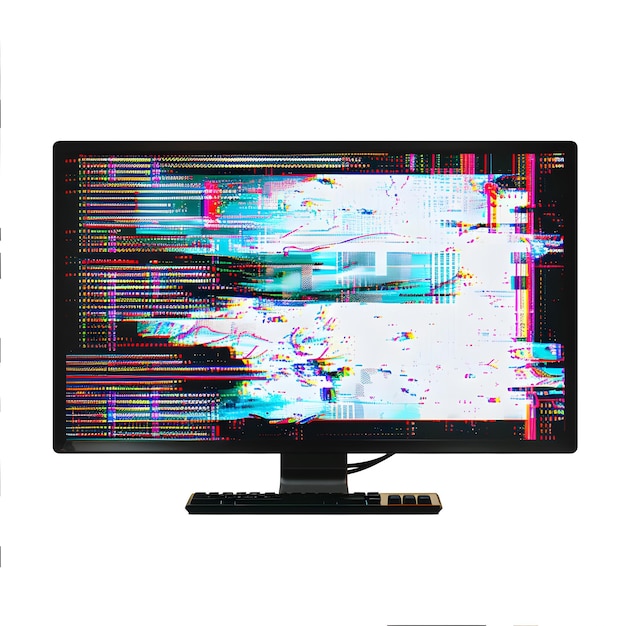 dark computer screen with pixel noise all over the image and colorful glitches on the side isolated