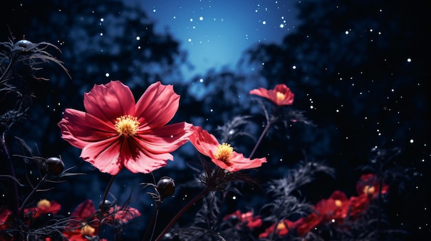 Dark cosmos flower with full moon at night