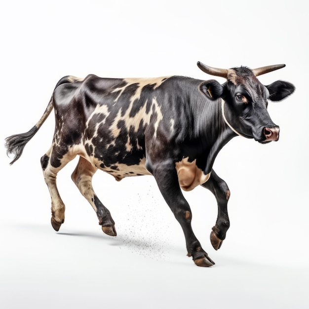 Dark cow running on a white background