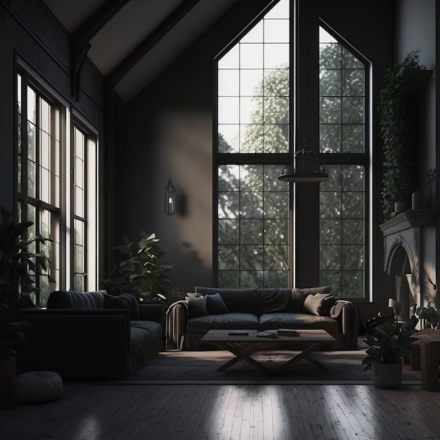 A dark cozy interior background for a loftstyle living room