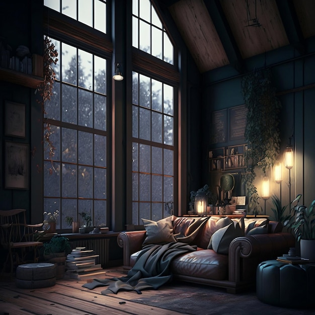 A dark cozy interior background for a loftstyle living room