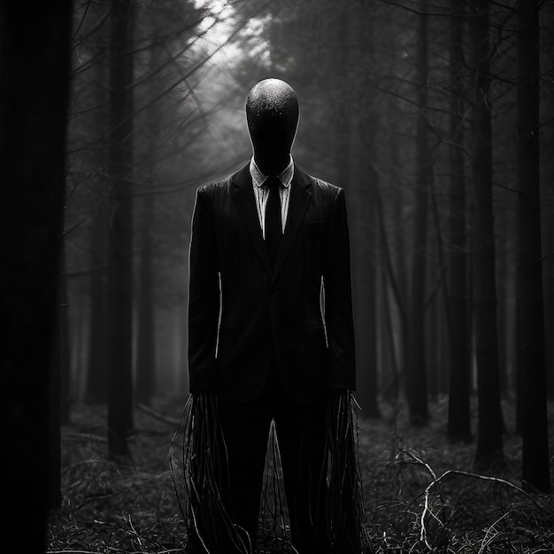 a dark creature in black suit standing in a dark spooky forest