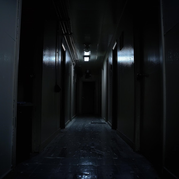 Photo a dark creepy hallway with doors slightly ajar leaving the ceiling space empty for eerie text narrow composition high contrast lighting intense shadows v 6 job id 88fe5252926f4c4faf948d2e3bc7ced4