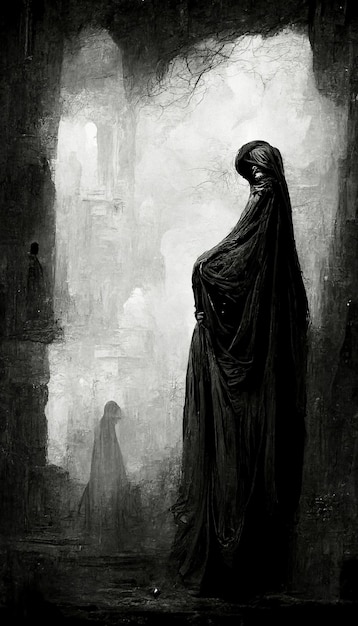 Dark creepy woman figure silhouette long black cloak dress looking down on gray cloud Halloween