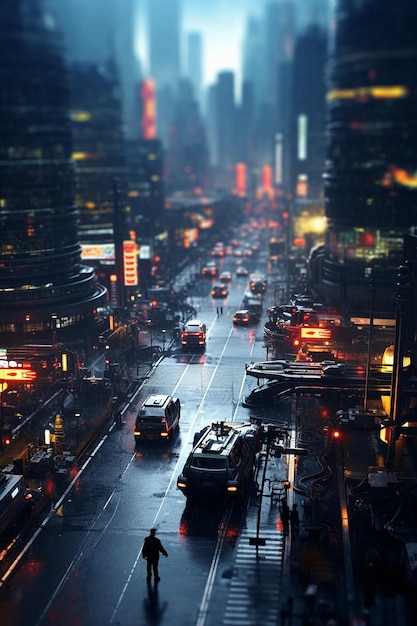 dark cyberpunk city robot android aircar miniature tiltshift photo real