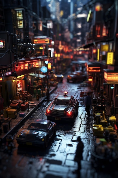 dark cyberpunk city robot android aircar miniature tiltshift photo real