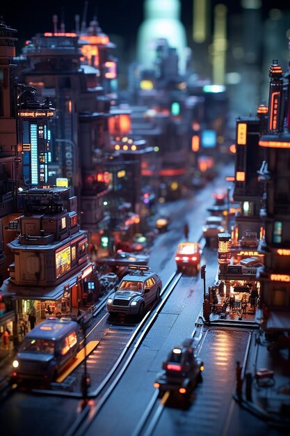 dark cyberpunk city robot android aircar miniature tiltshift photo real