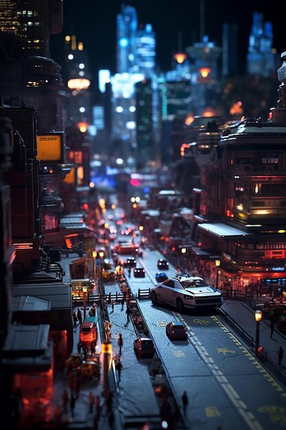 dark cyberpunk city robot android aircar miniature tiltshift photo real