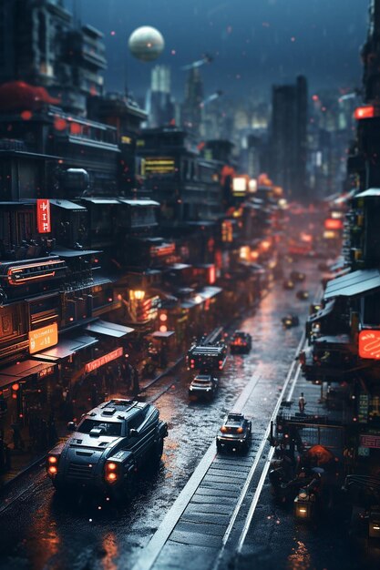 dark cyberpunk city robot android aircar miniature tiltshift photo real