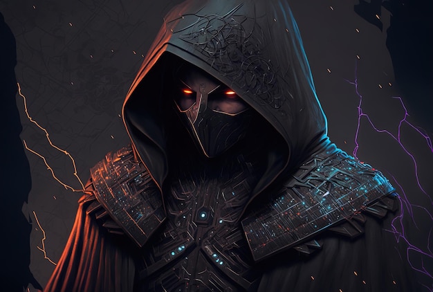 Dark cyberpunk sorcerer with a cloak and a hood created using neural networks