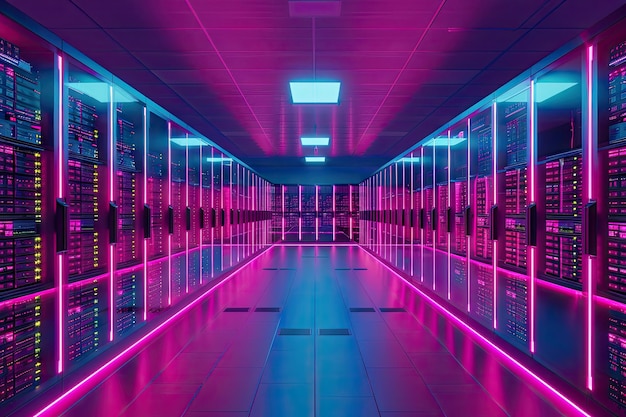 Dark data center with operational server racks modern technology pink neon light