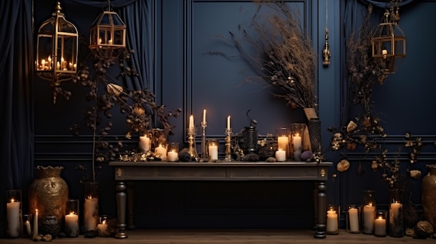 Dark decor with dried flowers vases