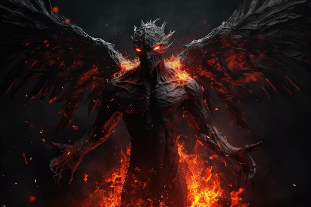 Dark demon emerges from flames black wings spread generative IA