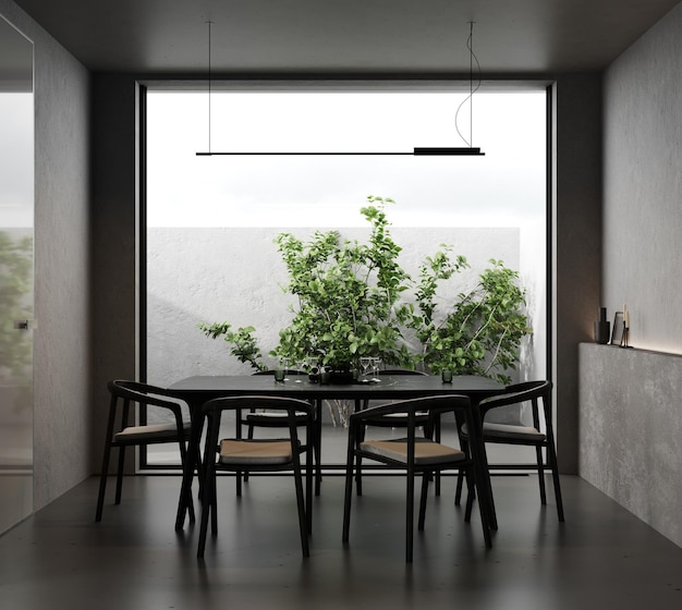 Dark dining room interior background with big window 3d render