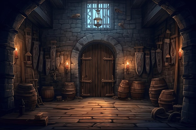 Dark door of a dungeon illustration generative ai